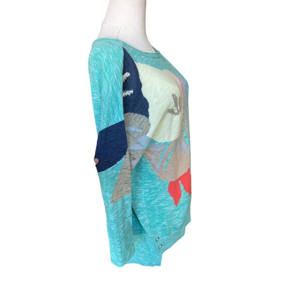 Nic+Zoe Womens Flower Sweater Sz L Cotton Linen Artsy Boho Chic Turquoise Blue - Picture 5 of 8